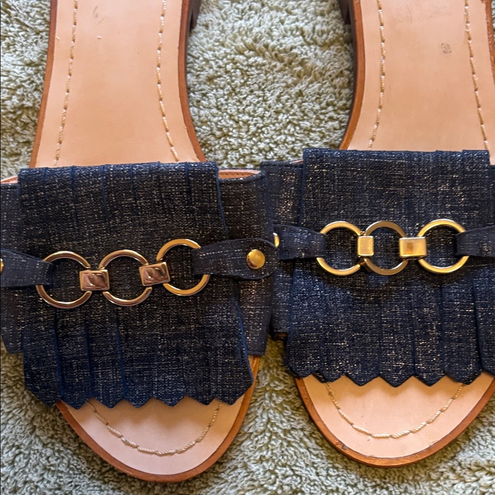 Kate Spade Navy DenimnFringe Sandals with Gold Accents size 7.5 - Picture 3 of 5